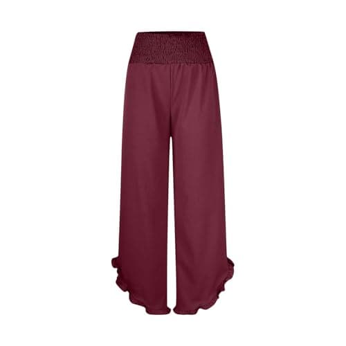 Yxzogd Women's Stretch Smocked Wide Leg Linen Palazzo Pants Ruffle Hem Summer Trousers