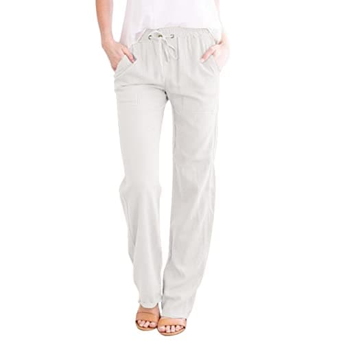 DINEVE High-Waisted Drawstring Joggers - Plus Size Wide Leg Linen Pants