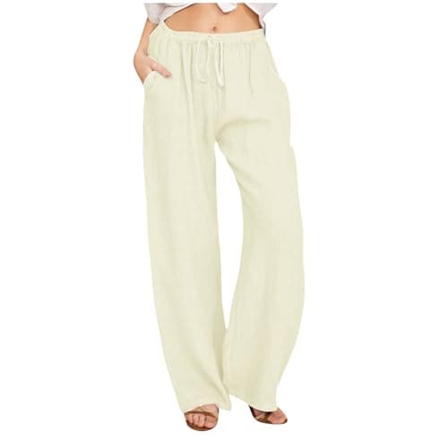 Yxzogd Women's Wide Leg Elastic Drawstring Linen Pants with Pockets