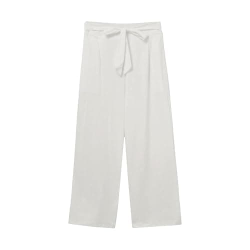 Cotton Linen Straight Wide Leg Pants for Women Elastic Waist Cropped Trousers