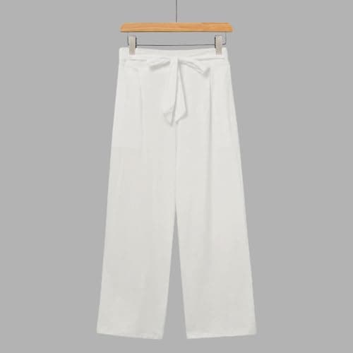 Cotton Linen Straight Wide Leg Pants for Women Elastic Waist Cropped Trousers