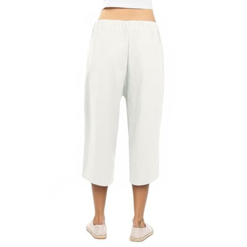 Cotton Linen Straight Wide Leg Pants for Women Elastic Waist Cropped Trousers