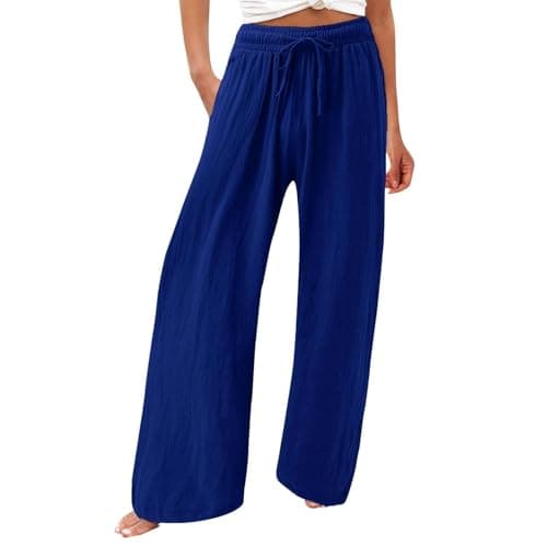 Womens Elastic High Waisted Boho Linen Palazzo Pants with Pockets