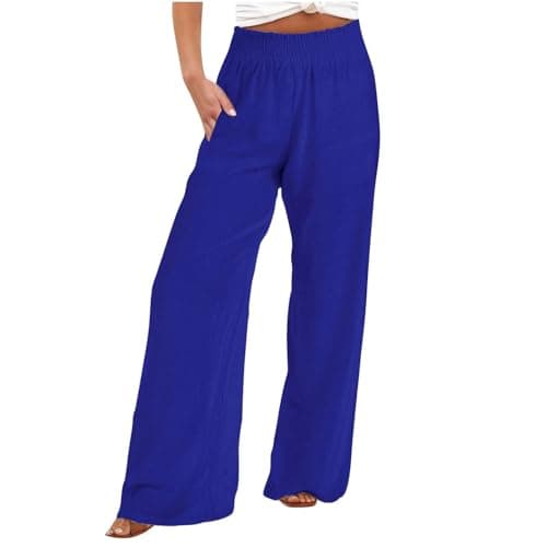 DASAYO Smocked High-Waisted Linen Palazzo Pants with Pockets