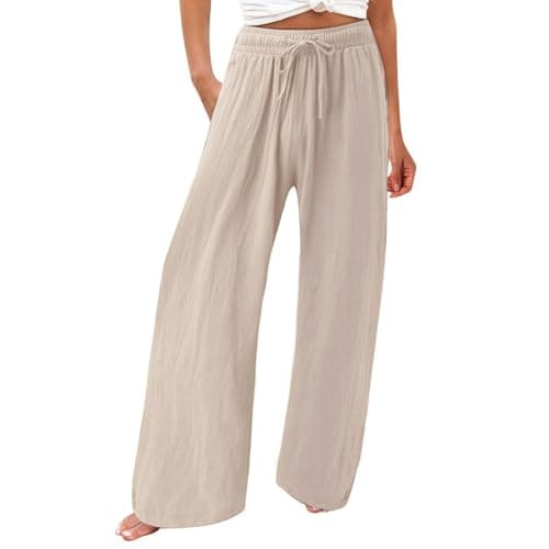 Womens Elastic High Waisted Boho Linen Palazzo Pants with Pockets