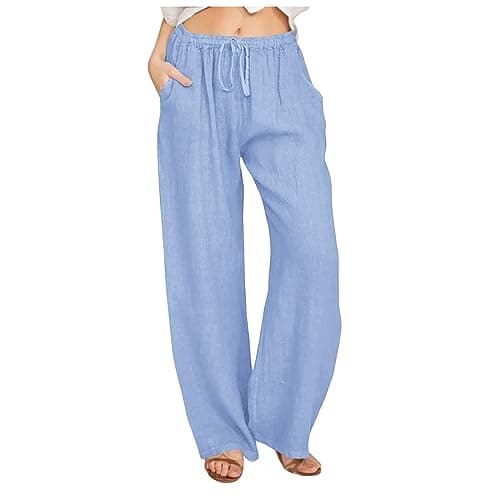 Yxzogd Women's Wide Leg Elastic Drawstring Linen Pants with Pockets