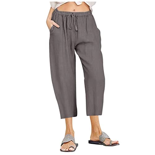 Itsame Women's Summer Cotton Linen Drawstring Capri Pants