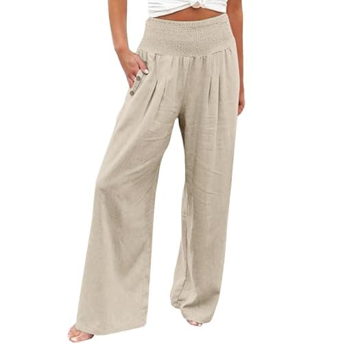 GOKKILRW Women's Linen Palazzo Pants Wide Leg High Waist Boho Summer Travel Trouser