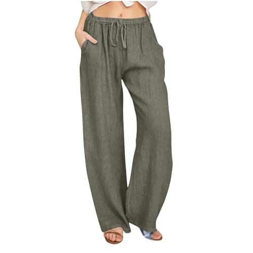 Yxzogd Women's Wide Leg Elastic Drawstring Linen Pants with Pockets