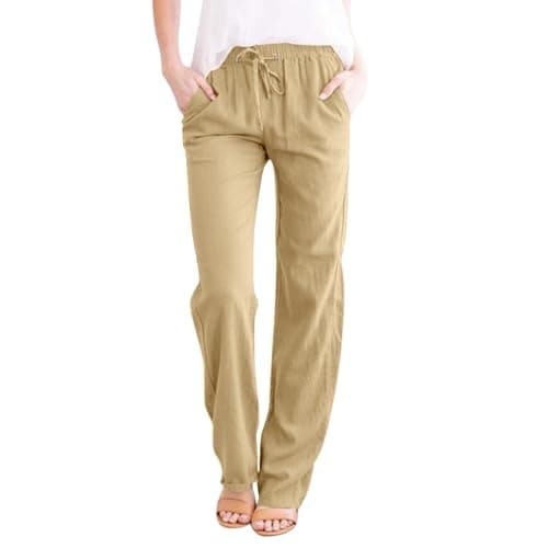 DINEVE High-Waisted Drawstring Joggers - Plus Size Wide Leg Linen Pants