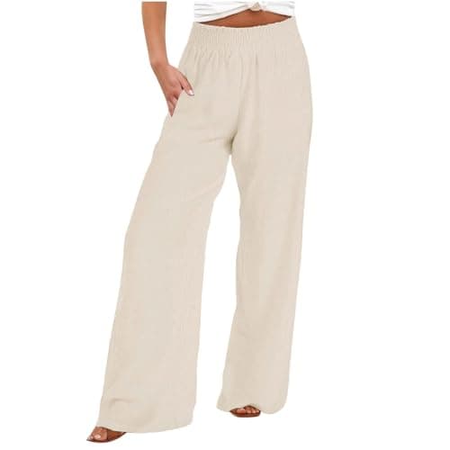 DASAYO Smocked High-Waisted Linen Palazzo Pants with Pockets
