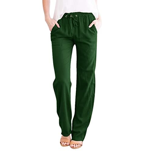 DINEVE High-Waisted Drawstring Joggers - Plus Size Wide Leg Linen Pants