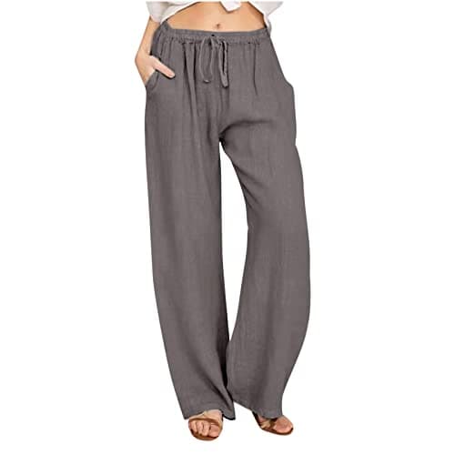 Yxzogd Women's Wide Leg Elastic Drawstring Linen Pants with Pockets