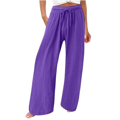 Womens Elastic High Waisted Boho Linen Palazzo Pants with Pockets