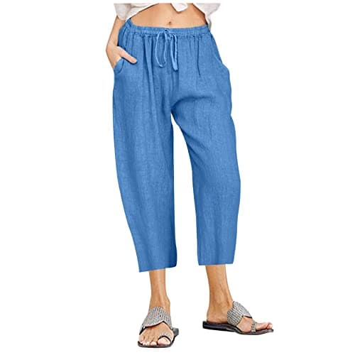 Itsame Women's Summer Cotton Linen Drawstring Capri Pants