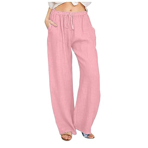 Yxzogd Women's Wide Leg Elastic Drawstring Linen Pants with Pockets