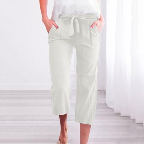 Cotton Linen Straight Wide Leg Pants for Women Elastic Waist Cropped Trousers