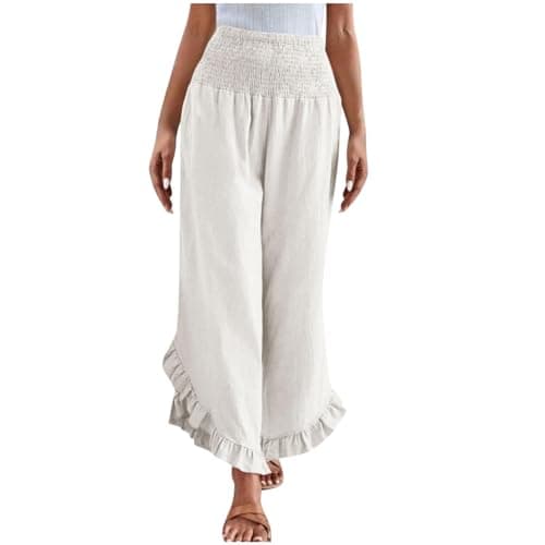 Yxzogd Women's Stretch Smocked Wide Leg Linen Palazzo Pants Ruffle Hem Summer Trousers