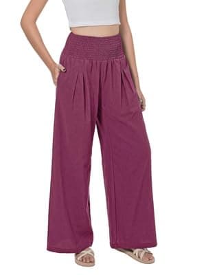 LOFBAZ Women's Summer High-Waisted Flowy Linen Palazzo Pants with Pockets