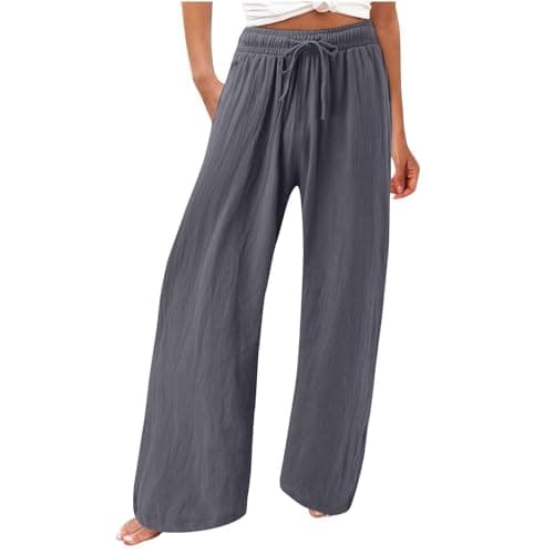 Womens Elastic High Waisted Boho Linen Palazzo Pants with Pockets