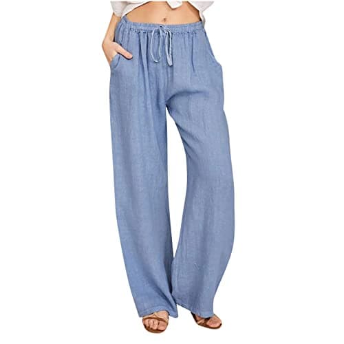 Yxzogd Women's Wide Leg Elastic Drawstring Linen Pants with Pockets