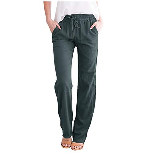 DINEVE High-Waisted Drawstring Joggers - Plus Size Wide Leg Linen Pants