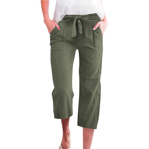Cotton Linen Straight Wide Leg Pants for Women Elastic Waist Cropped Trousers