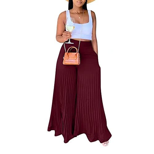 Lexiart High-Waisted Chiffon Pleated Wide Leg Palazzo Pants