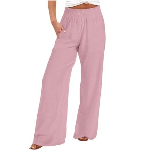 DASAYO Smocked High-Waisted Linen Palazzo Pants with Pockets