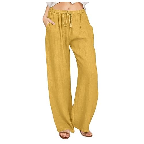 Yxzogd Women's Wide Leg Elastic Drawstring Linen Pants with Pockets