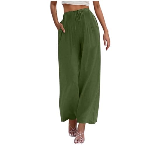Yxzogd Women's Wide Leg Linen Pants with Pockets High Waist Drawstring Casual Fit