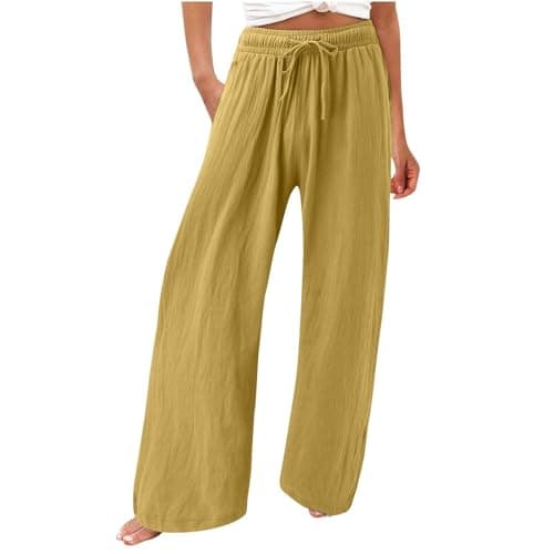 Womens Elastic High Waisted Boho Linen Palazzo Pants with Pockets