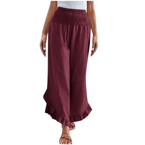 Yxzogd Women's Stretch Smocked Wide Leg Linen Palazzo Pants Ruffle Hem Summer Trousers