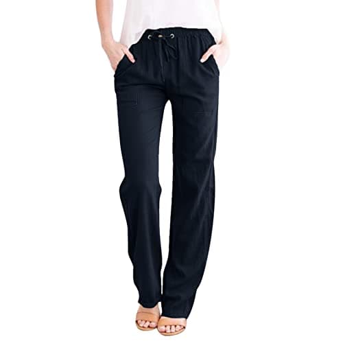 DINEVE High-Waisted Drawstring Joggers - Plus Size Wide Leg Linen Pants