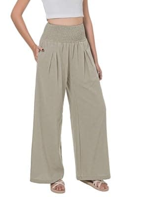 LOFBAZ Women's Summer High-Waisted Flowy Linen Palazzo Pants with Pockets