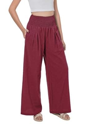LOFBAZ Women's Summer High-Waisted Flowy Linen Palazzo Pants with Pockets