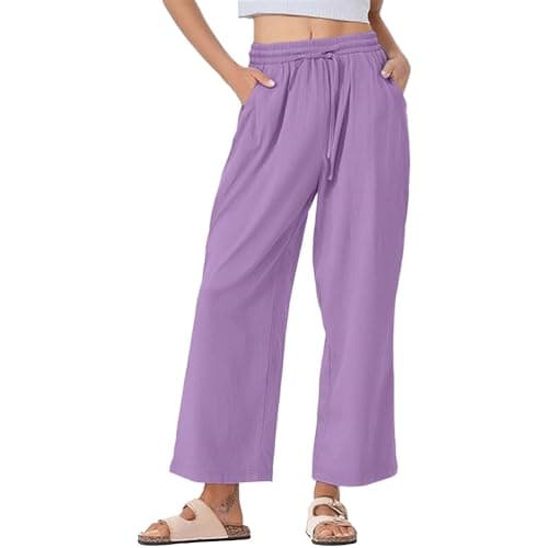 Trendy Women's Wide Leg Linen Pants with Elastic Waistband