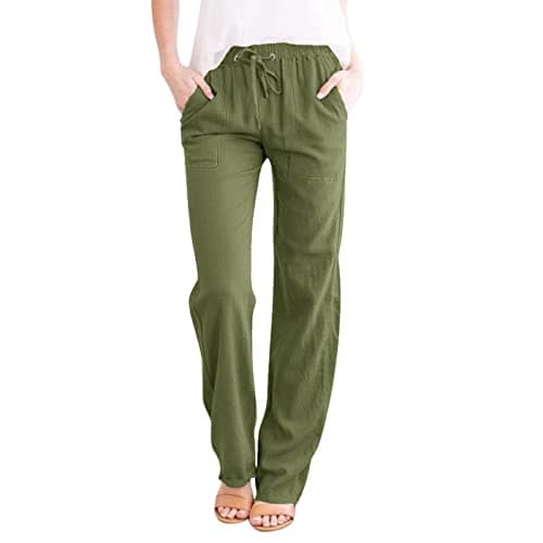 DINEVE High-Waisted Drawstring Joggers - Plus Size Wide Leg Linen Pants