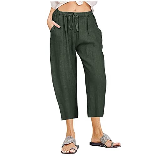 Itsame Women's Summer Cotton Linen Drawstring Capri Pants
