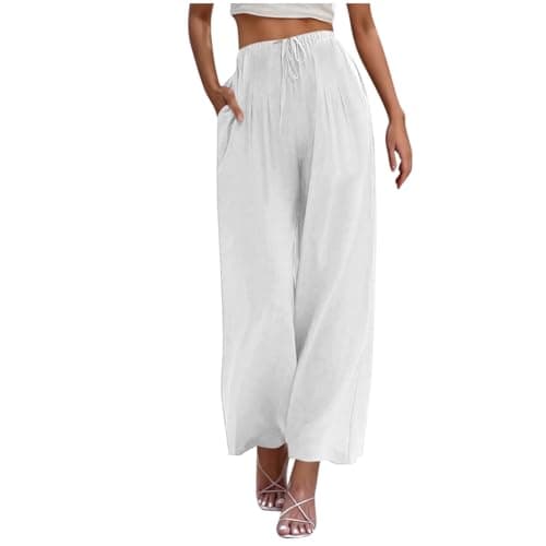 Yxzogd Women's Wide Leg Linen Pants with Pockets High Waist Drawstring Casual Fit