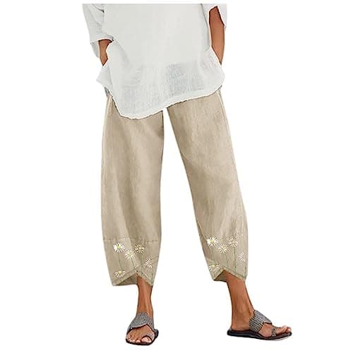 Casual Women's Cotton Linen Capri Pants with Pockets