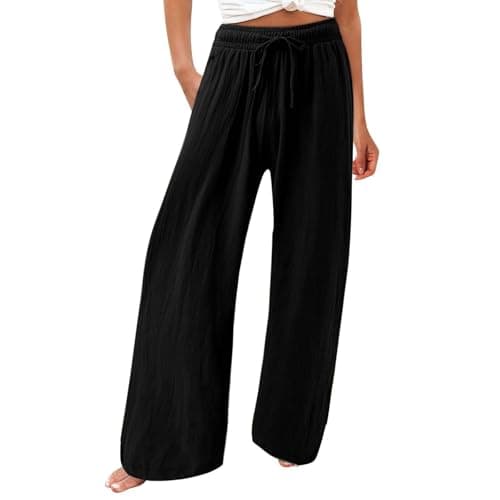 Womens Elastic High Waisted Boho Linen Palazzo Pants with Pockets