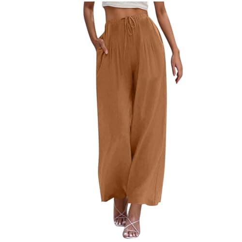Yxzogd Women's Wide Leg Linen Pants with Pockets High Waist Drawstring Casual Fit
