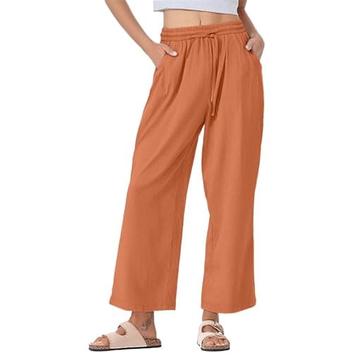 Trendy Women's Wide Leg Linen Pants with Elastic Waistband