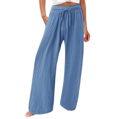 Womens Elastic High Waisted Boho Linen Palazzo Pants with Pockets