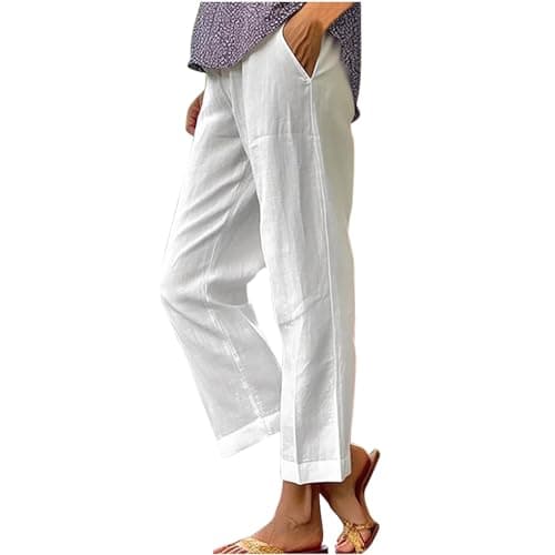 2024 Women's High Waisted Crop Linen Pants Solid Comfy Casual