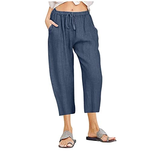 Itsame Women's Summer Cotton Linen Drawstring Capri Pants