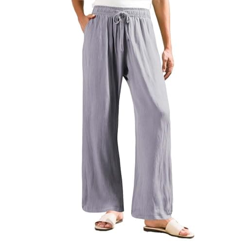 Womens Elastic High Waisted Boho Linen Palazzo Pants with Pockets