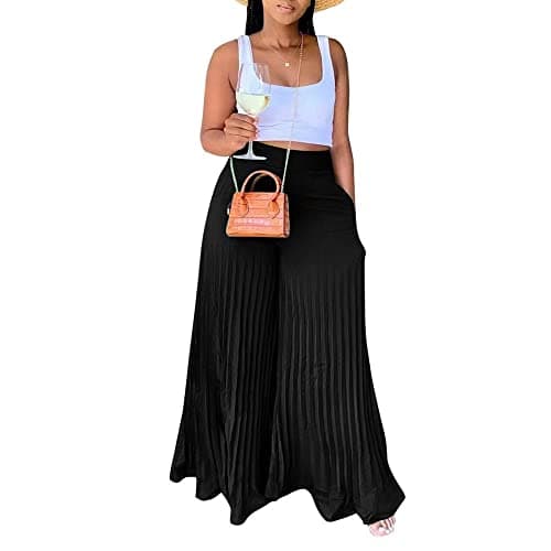 Lexiart High-Waisted Chiffon Pleated Wide Leg Palazzo Pants