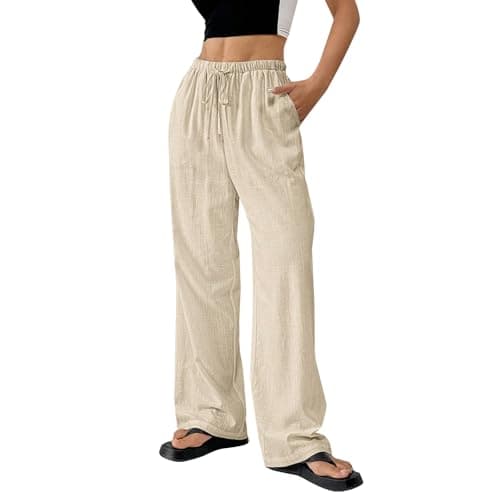 DINEVE Women's Summer Wide Leg High Waist Drawstring Pants Plus Size Linen Lounge